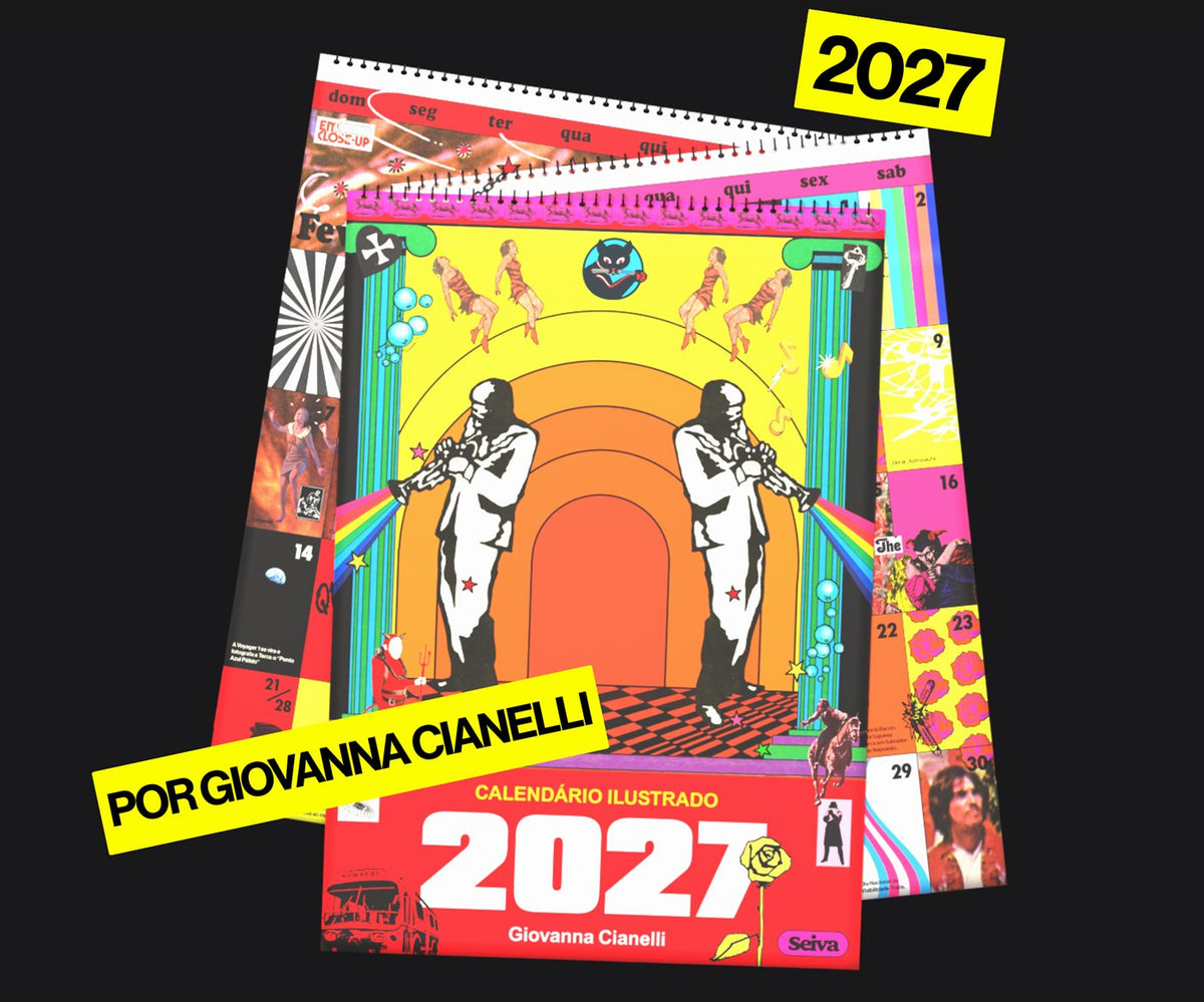Capa e páginas do Calendário Ilustrado 2027, com as etiquetas 2027 e por Giovanna Cianelli